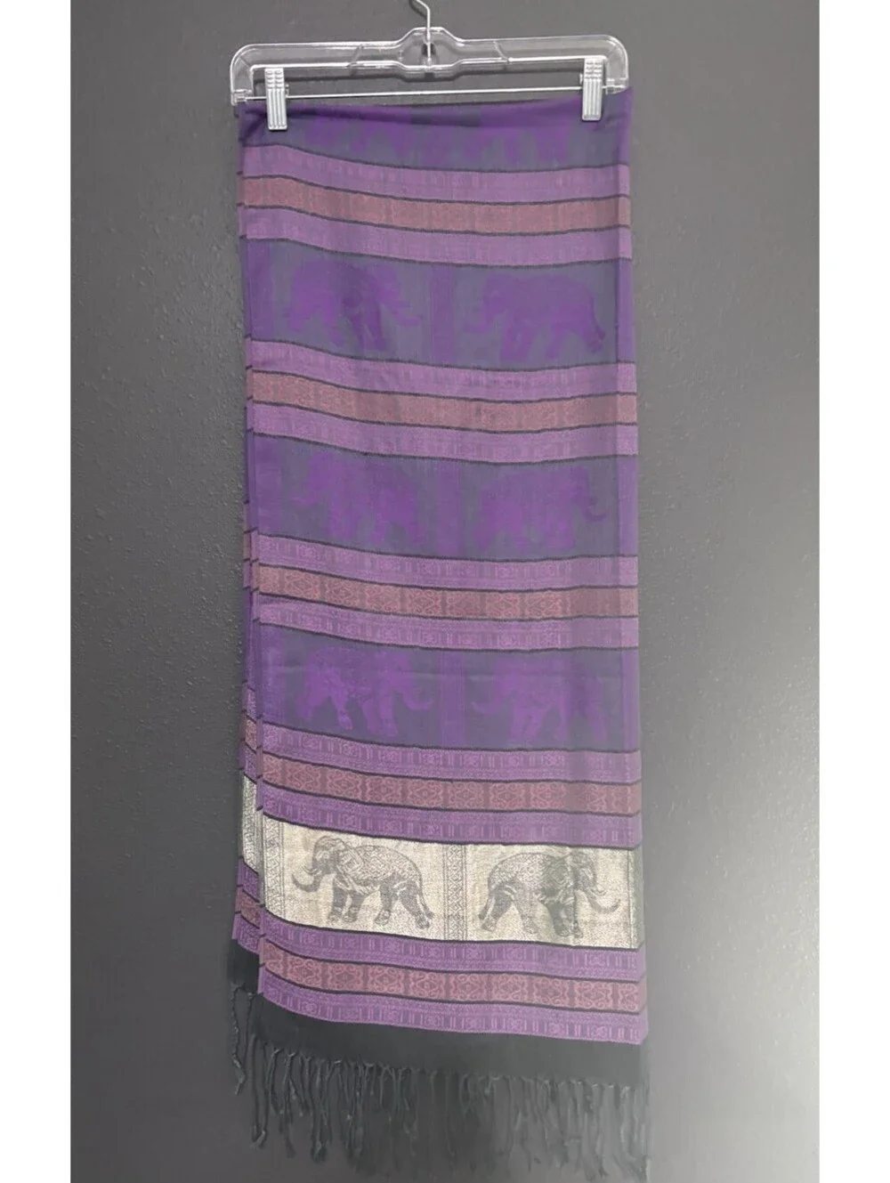 Pashmina Purple Silver  Pink 100% Cashmere Scarf EUC Elephants